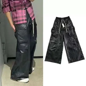 Rick Owens vintage high-end multi-pocket loose shiny leather pants-2461
