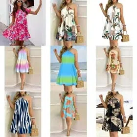 European and American summer off-the-shoulder halter neck loose women's dress-2470