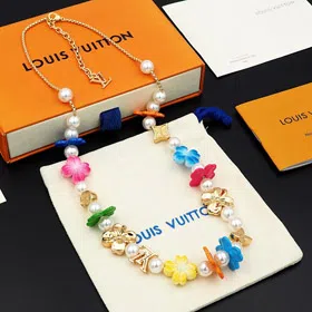 Louis Vuitton LV adjustable metal chain floral and glass beads floral necklace-3972