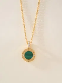 Bulgari double-sided green letter engraving vintage diamond coin necklace-4000