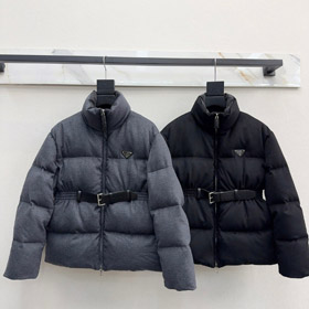 Prada stand-collar wool fabric long-sleeved belted thickened warm down jacket-5346