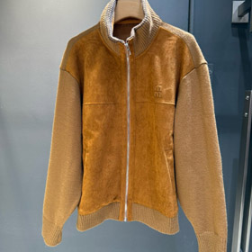 Miu Miu new arrival: Knitted sleeve paneling, zip-up, stand-collar casual jacket-5370