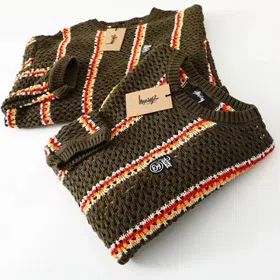 Stussy striped openwork knit crew neck sweater-5510