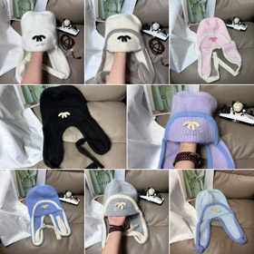 Chanel new rabbit fur warm knitted hat with ear flaps-5975