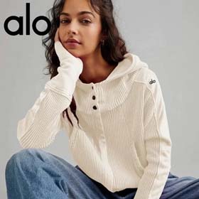 ALO Original label waffle fabric hooded cardigan sweatshirt for women European and American lazy style zipper hooded jacket short style-2566